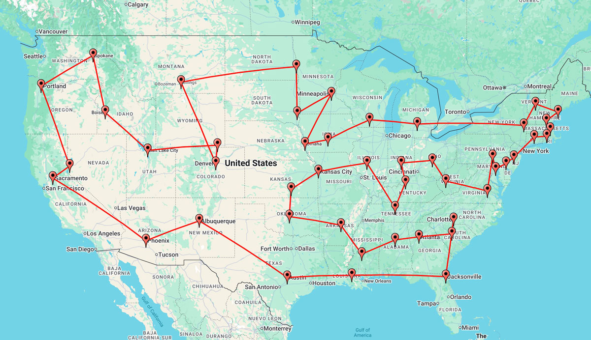 Map of the US with trip route inscribed.